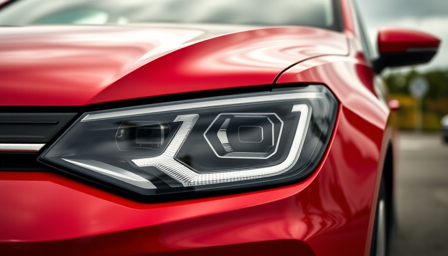 Red VW ID.4 headlight close-up, modern design outdoors.