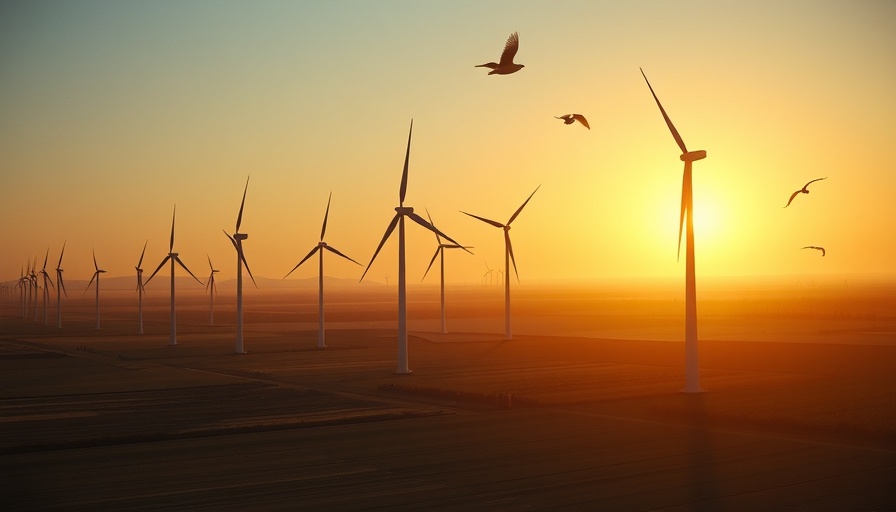 Wind turbines at sunrise in rural landscape with birds.