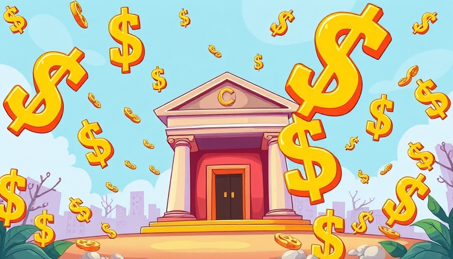 AI Startups financial growth illustration with dollar signs and bank.