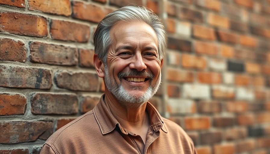 Middle-aged man smiling confidently, influencer marketing setting