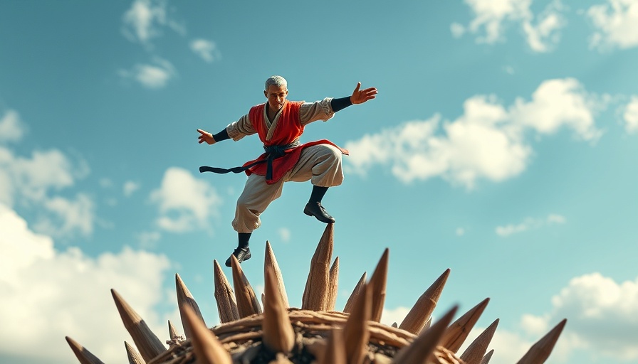 Action figure in martial arts pose balancing on spikes, under blue sky.