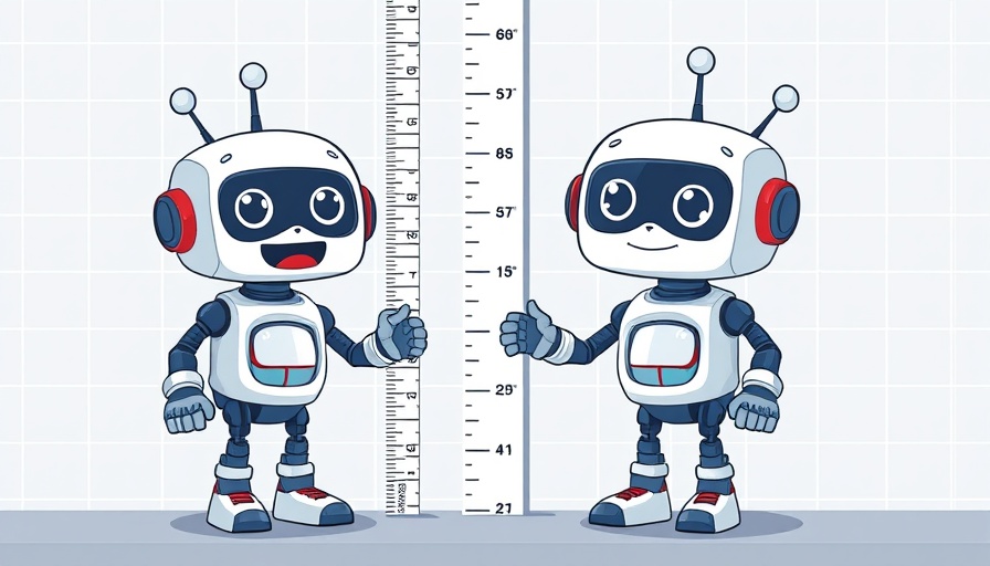 Cartoon robots demonstrating LLM evaluation metrics with a ruler.