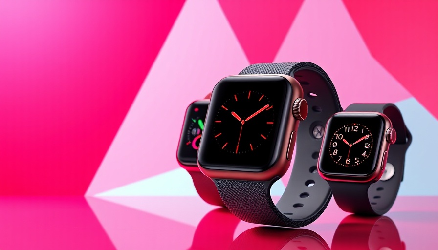 Colorful Apple Watch patterns against red geometric background.