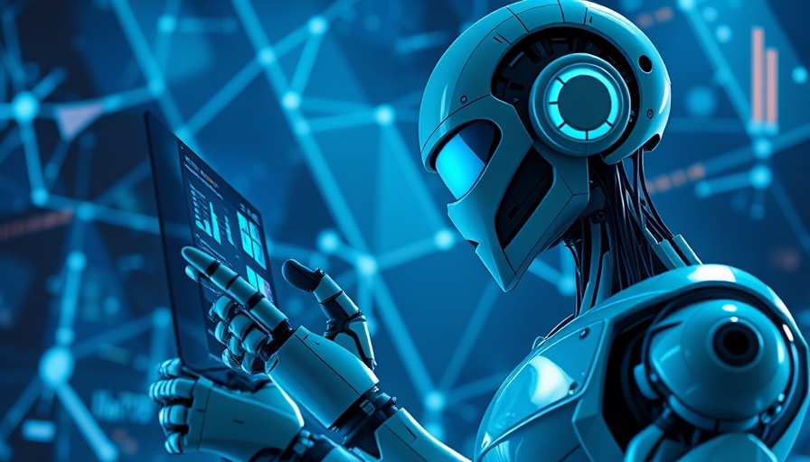 Futuristic robot analyzing data on screen for Predictive GenAI.