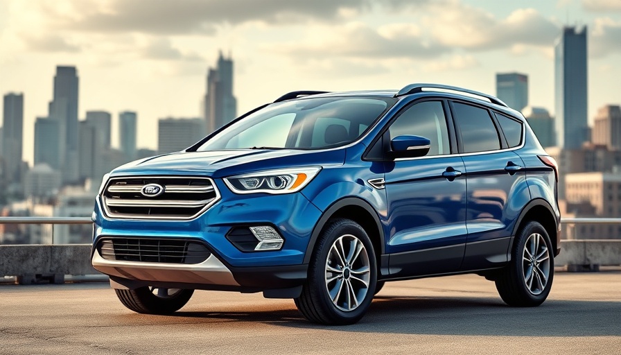 Ford Escape parked on rooftop with city backdrop.