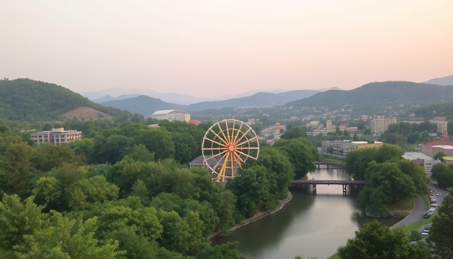 Pigeon Forge travel scene with Ferris wheel and river view.