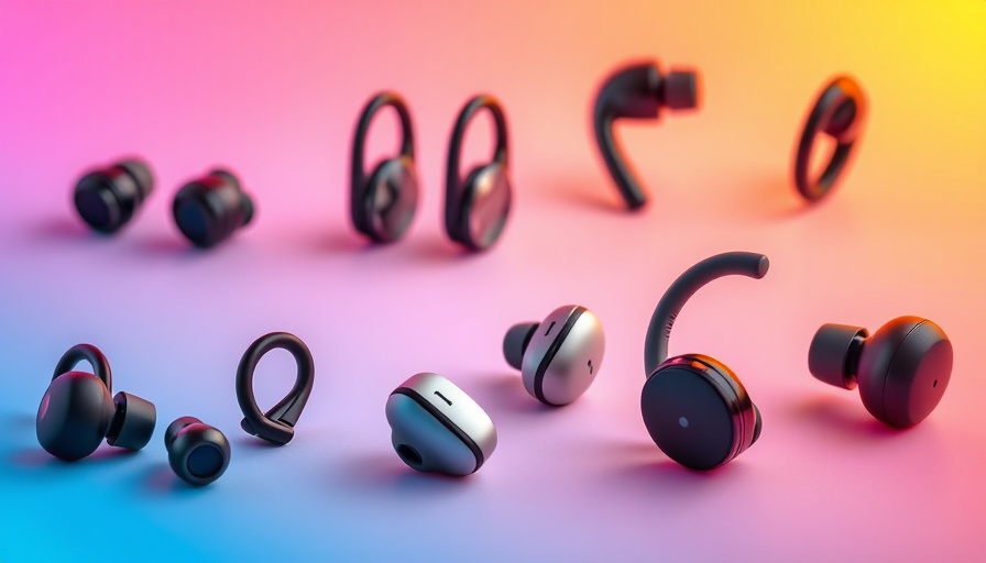 Diverse wireless earbuds on colorful background