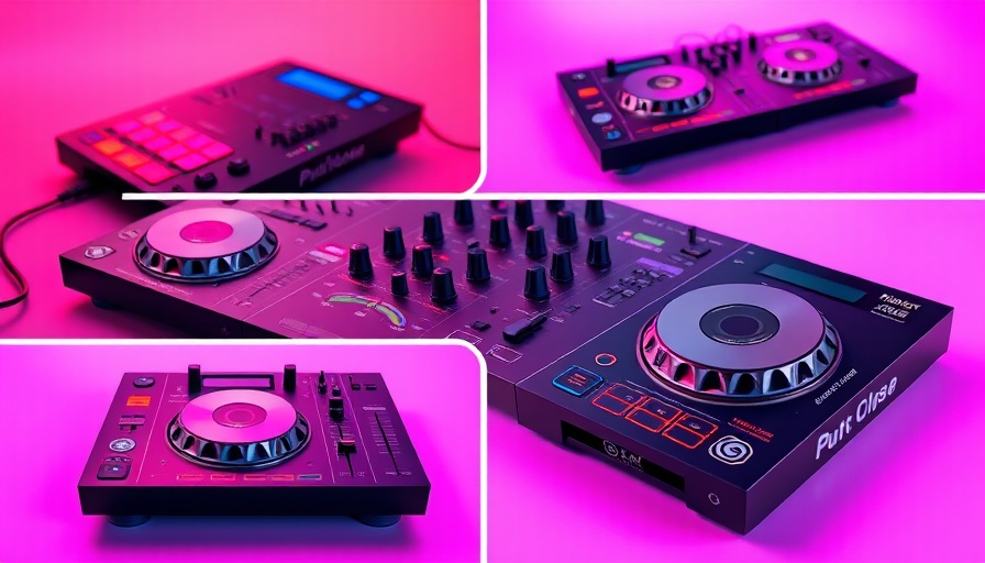 Detailed review of a DJ controller on a vibrant background.