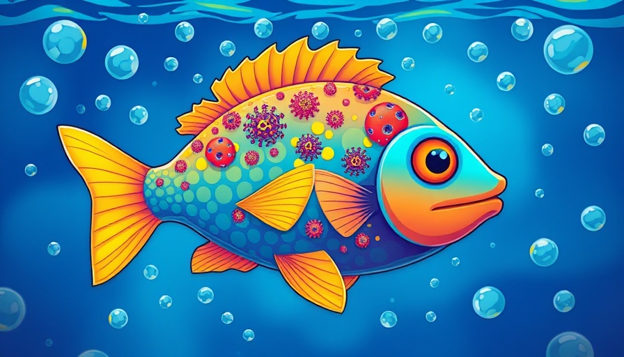 Illustration of fish with brain microbiomes, vibrant underwater scene.
