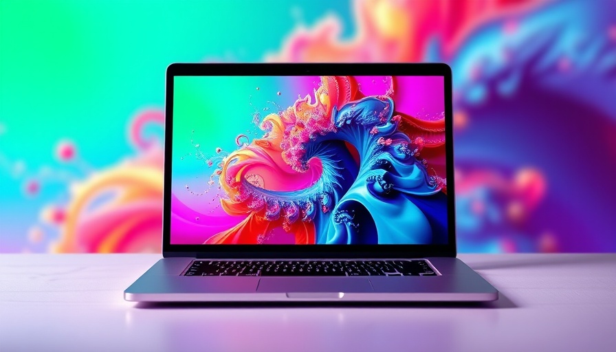 Sleek AI PCs laptop with fractal display on colorful background.