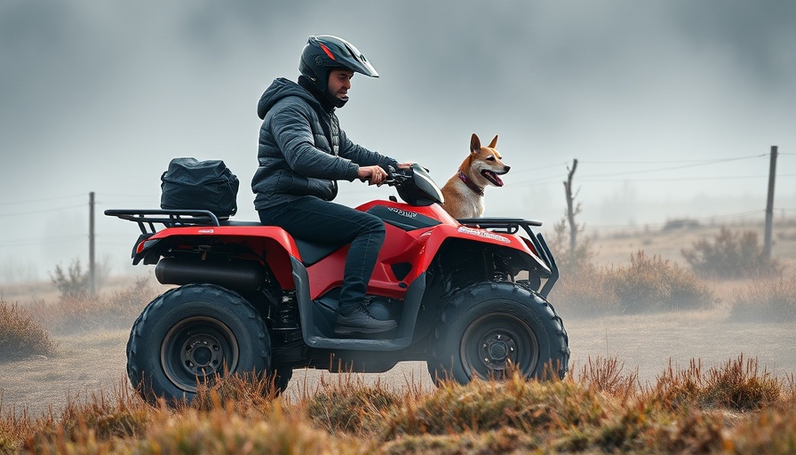 Freelander 300FI ATV in action with rider and dog in misty field