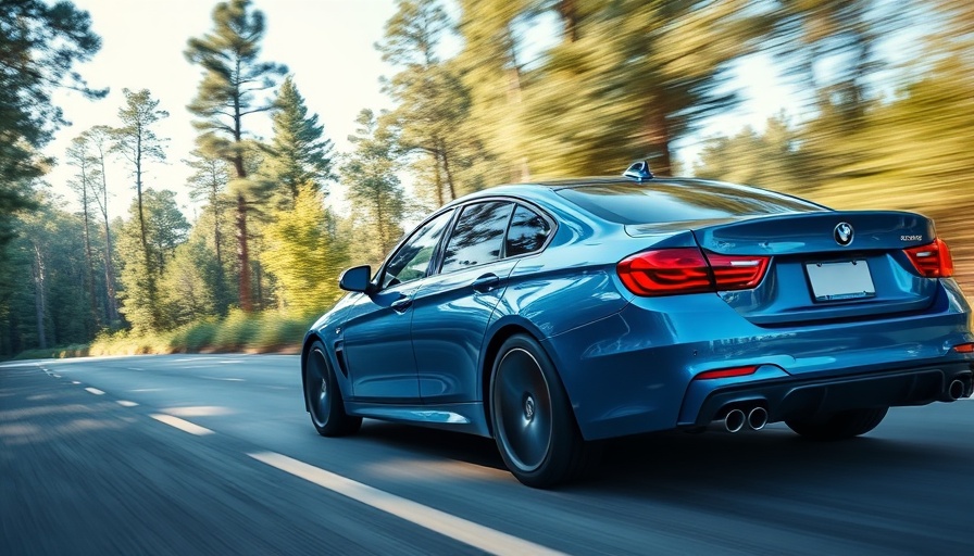 Blue car driving on a scenic road in a forest, auto sales trends.