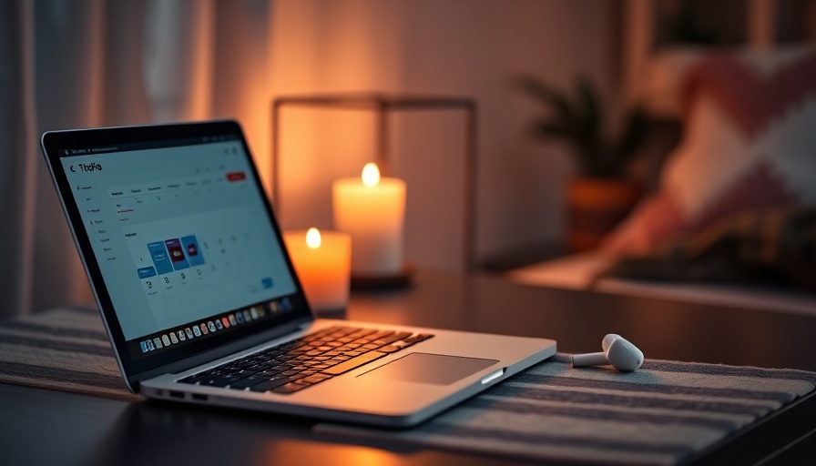 Cozy workspace with laptop showing scheduling app and candle.