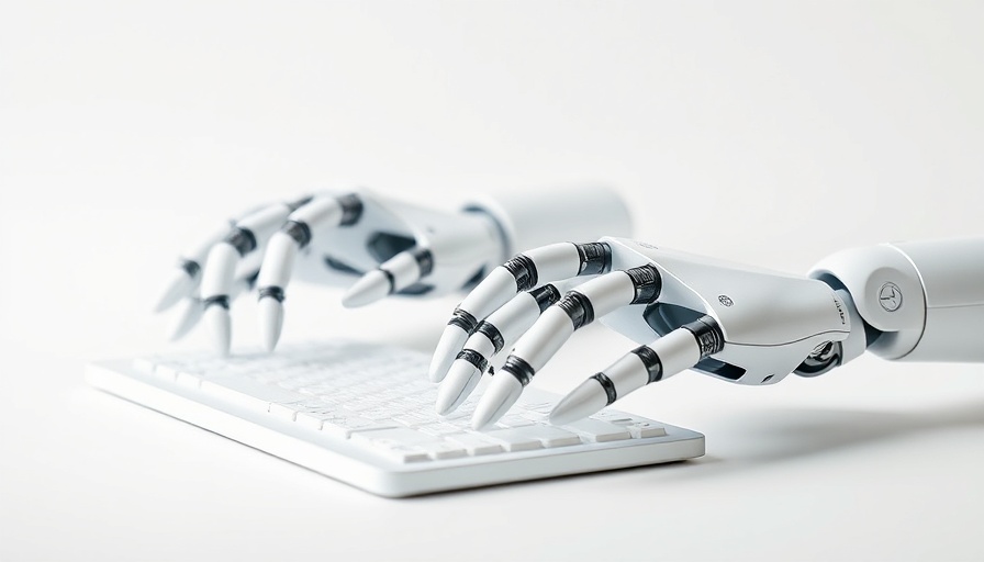 AI robotic hands typing on a keyboard, futuristic tech concept.