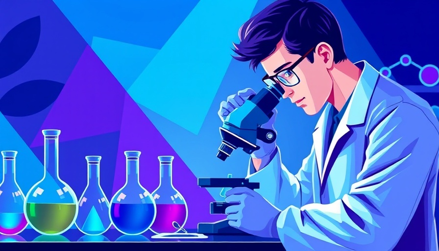 AI drug approval graphic with scientist and microscope, innovative design.