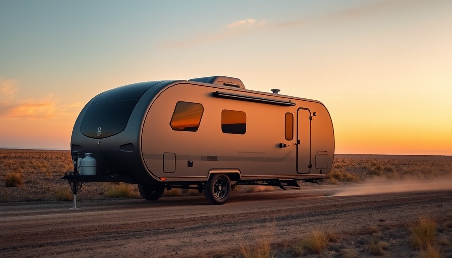 Solar-powered travel trailer on dirt road at dusk.
