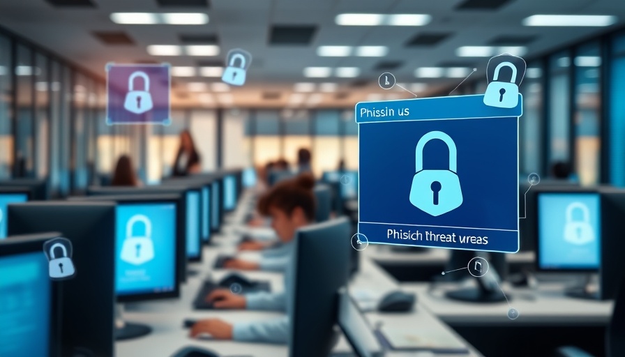 Office scene highlighting phishing threats with digital security icons.
