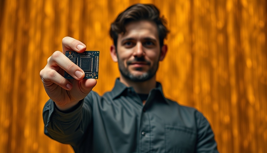Person showcasing technology with microchip on stage, AI supercomputer event.