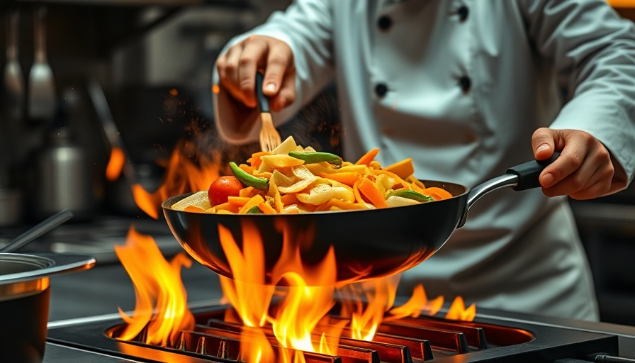 Chef flipping vegetables over flame in a kitchen