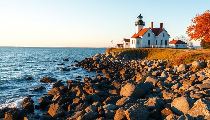 Connecticut lighthouse by rocky shore and New England house.