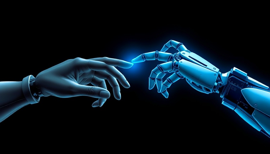 AI enterprise strategy concept with human and robot hands reaching.