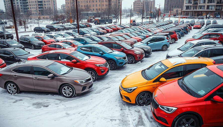 Parked cars in snowy city street depicting automotive sales growth.