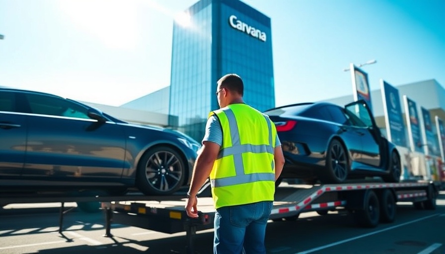 Carvana employee loading cars on trailer in front of glass tower.