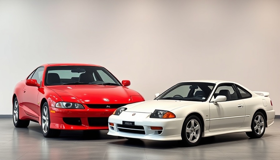 Modern red coupe and classic white Honda Prelude in showroom.