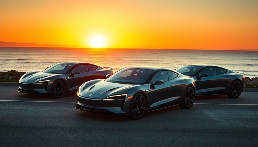 Lucid Motors electric cars at sunset on scenic oceanfront road.
