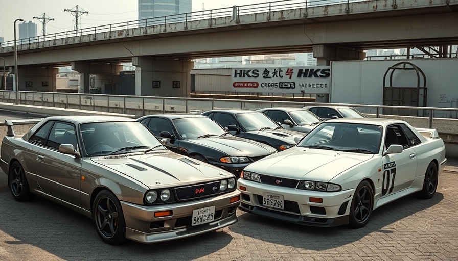Tokyo Auto Salon vintage Nissan Skylines at urban rooftop.