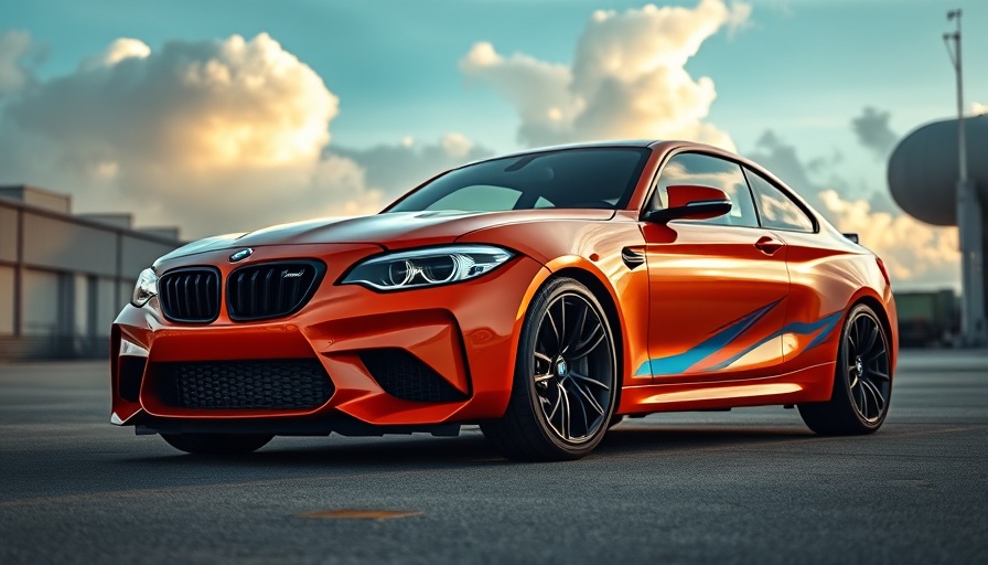 BMW M2 drag racing car in industrial setting with dramatic sky.