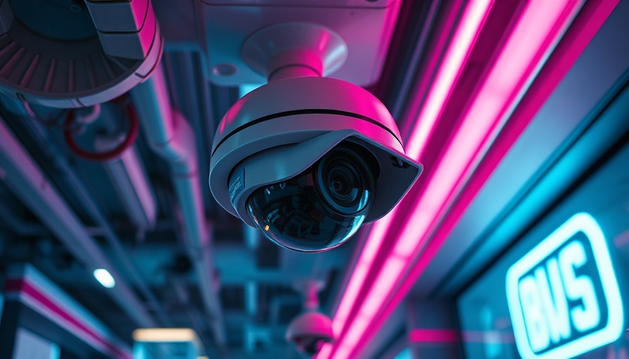 Security camera with neon lighting in urban environment.