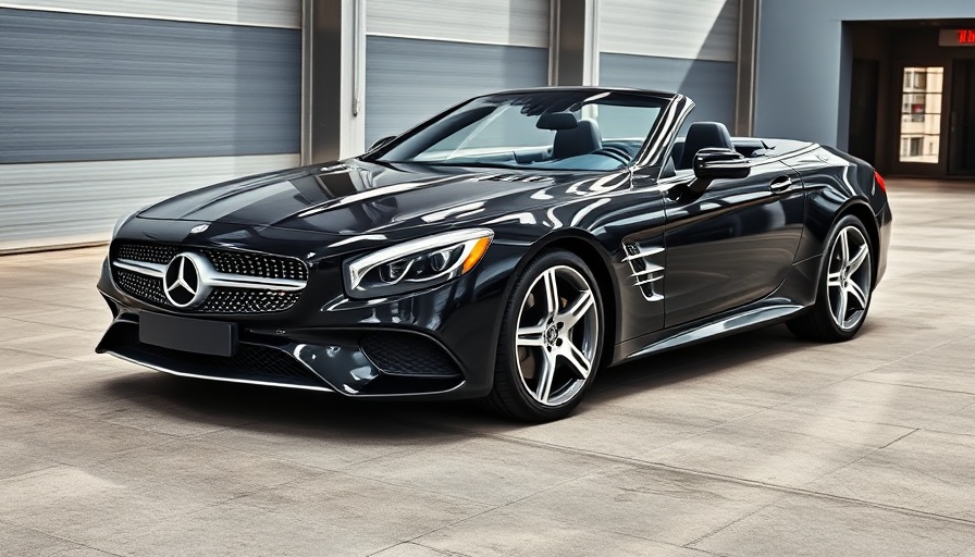 Sleek black Mercedes-Benz SL convertible, urban showroom display.