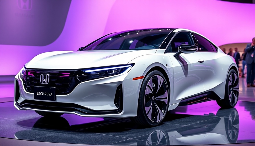 Futuristic Honda EV car on display with purple backdrop.