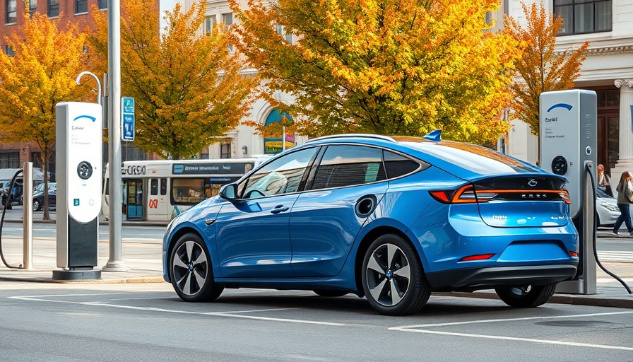 Sleek electric car charging at urban station with autumn trees.