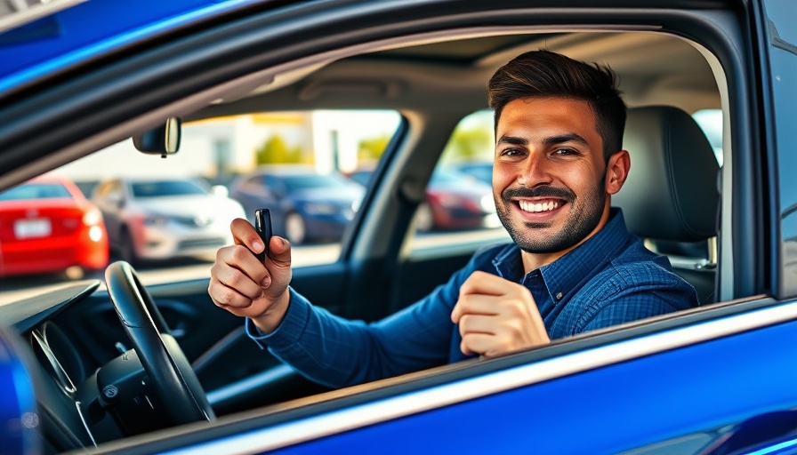 Happy customer holding keys at used car dealership.