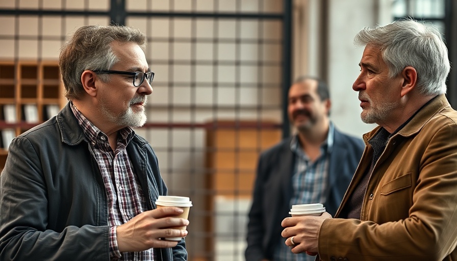 Director and actor discussing AI film editing, industrial setting.