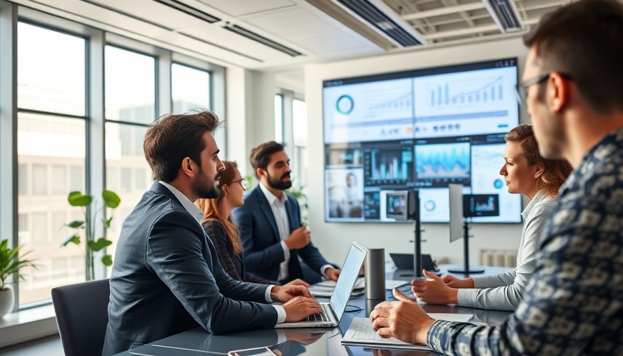Modern office with professionals analyzing video data.