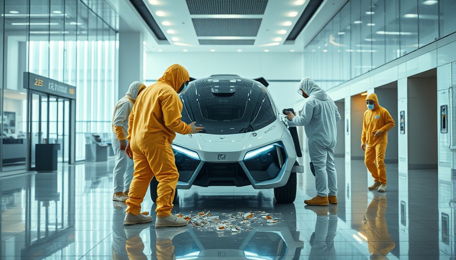 AI Security concept with hazmat-suited individuals around a futuristic vehicle.