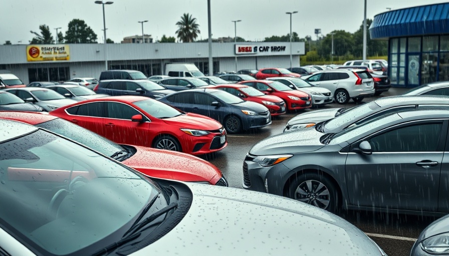 Parked vehicles in a rainy used car lot, showcasing affordable used cars.