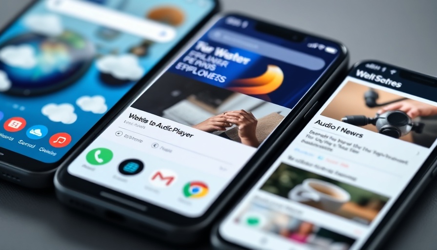 Smartphones displaying digital audio news updates interfaces.