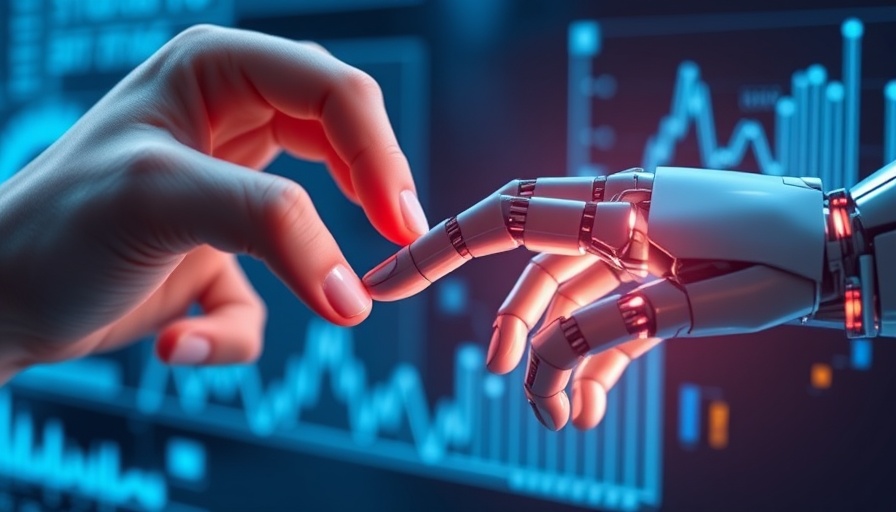 AI advancements: human and robot hand touch, digital interface.