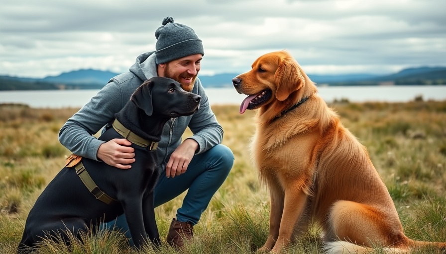 Man with Labrador wearing Satellite Pet Tracker in grassy field.
