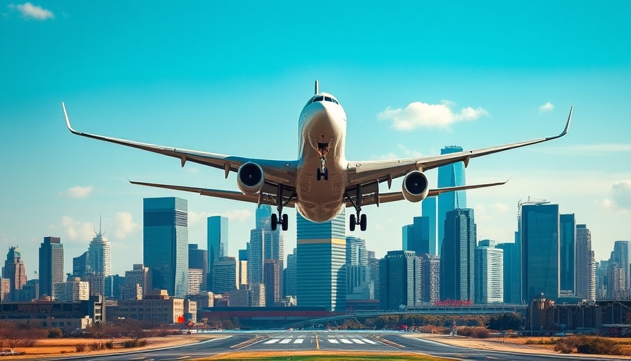 Airplane approaching city landing, AI Travel Assistant concept.