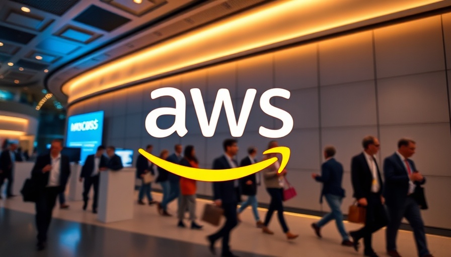 AWS logo at a tech conference, vibrant lights, dynamic activity.