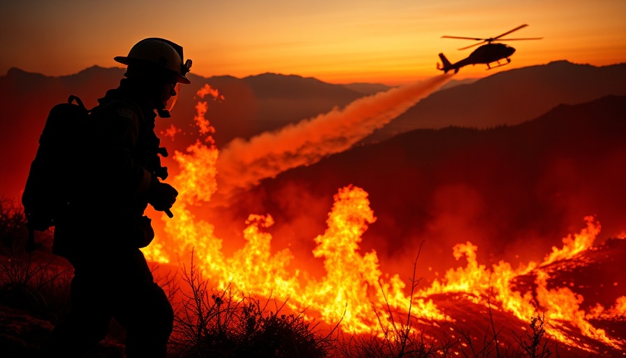 Silhouette of firefighter during California wildfires with helicopter.
