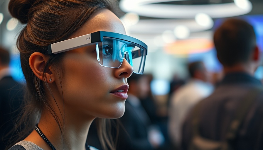 Young woman wearing AI glasses at a tech event, focused expression.