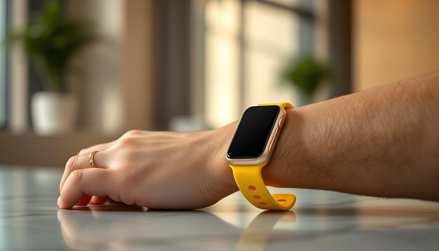 Hand with yellow fitness tracker showcasing AI technology.