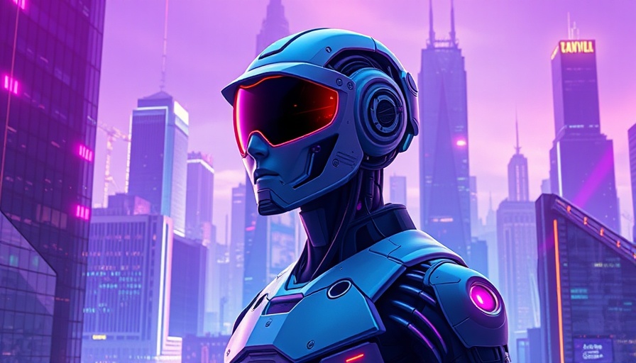 Futuristic AI agents with neon visor in cityscape