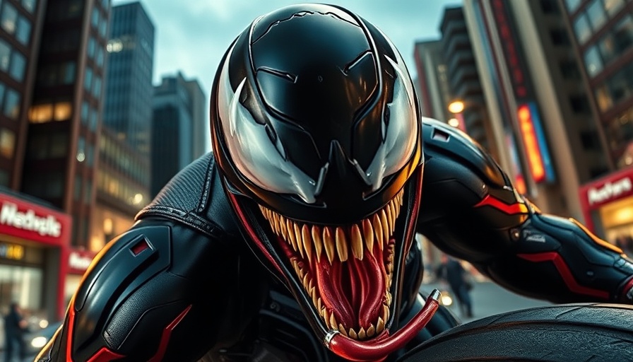 Exciting AIMExpo 2025 Venom-themed helmet cityscape display.